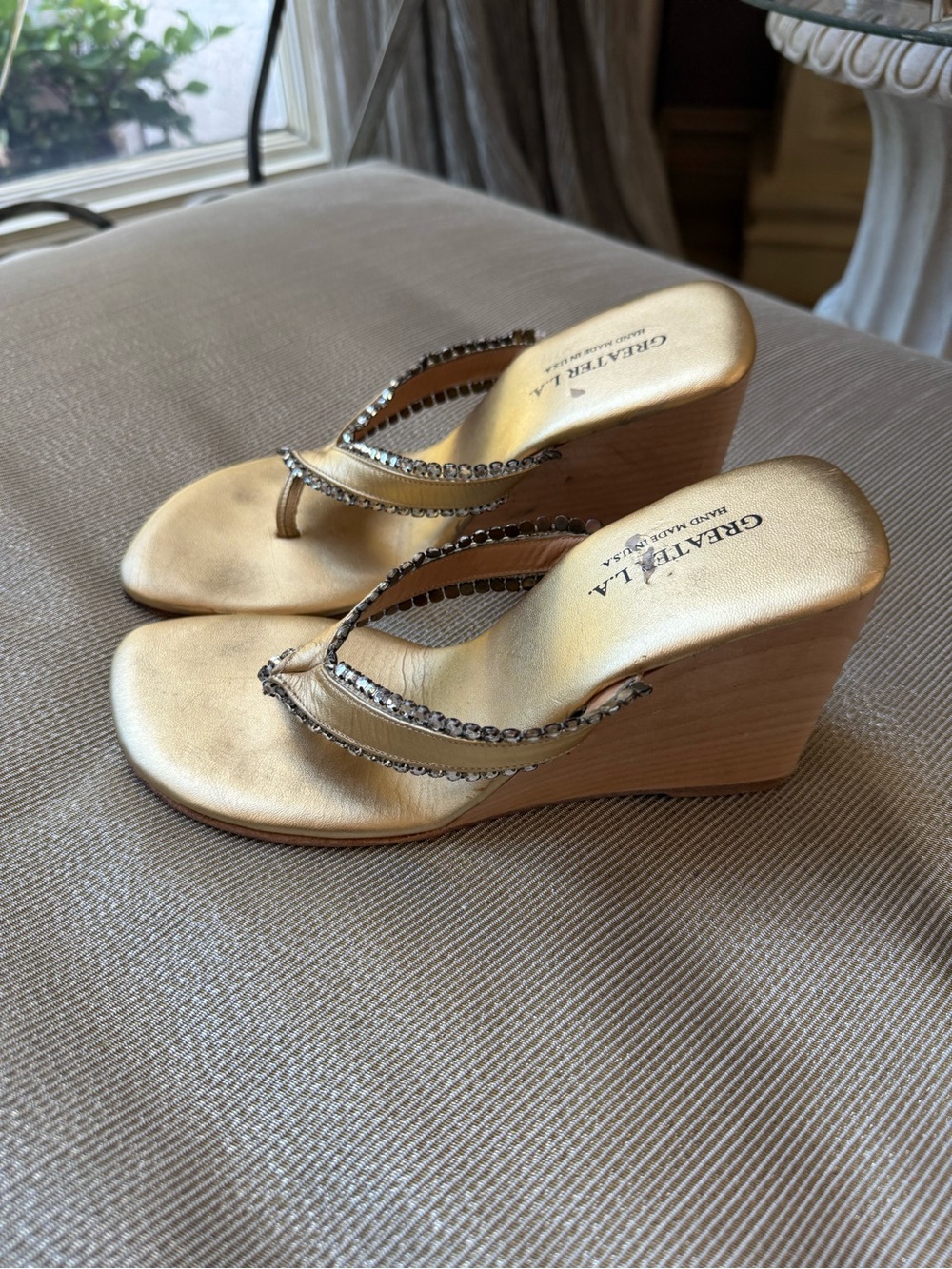Gold Rhinestone Wedge Sandals - Picture 3 of 6